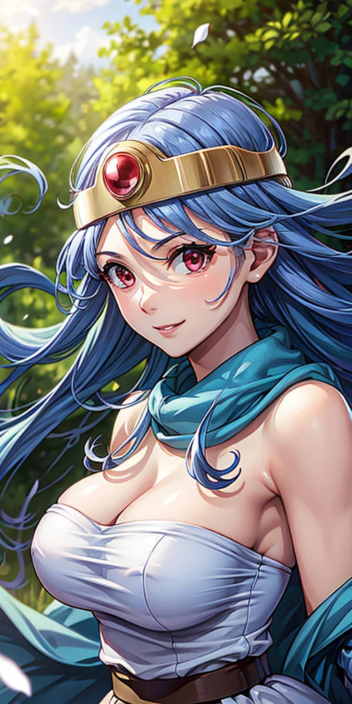 masterpiece, best quality, 4k, 8k, dq, upper body, face focus, close-up, 1girl, blue hair, white dress, red eyes, circlet, cleavage, smile, happy, depth, depth of field, outdoor, nature, petals, wind, beautiful, hd, perfect lighting, detailed face, detailed body, masterpiece, best quality, intricate details, 8k uhd, perfect face, perfect eyes