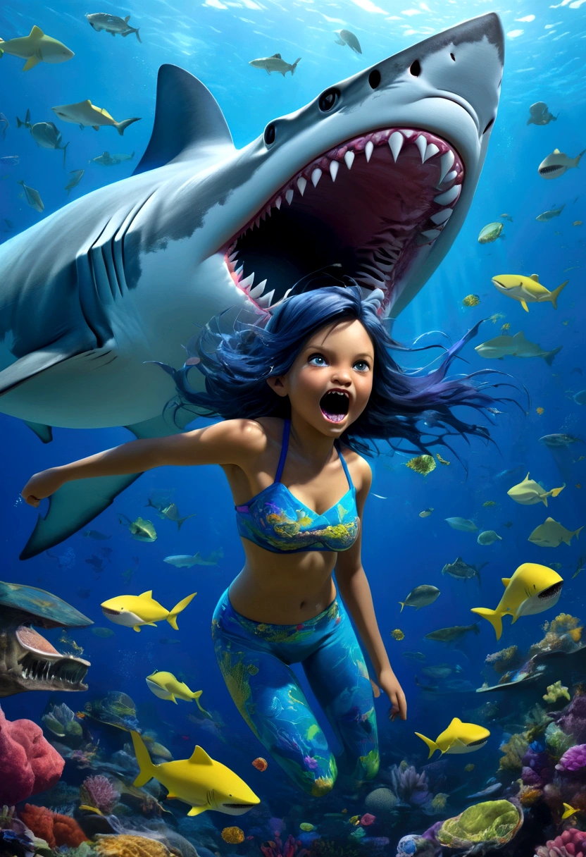A shark humanoid (age 10, very human face an torso, shark lower body, sea star bra, dark eyes, deep blue hair, shark fin on back, over sized mouth with razor teeth) seen from the side, she is disinterested in the viewer, she is hungrily eating a fish, colorful reef