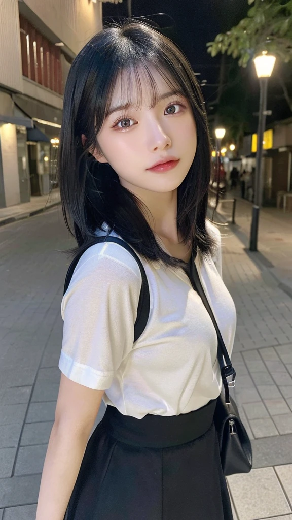 (highest quality,masterpiece:1.3,超A high resolution,),(super detailed,caustics),(Photoreal:1.4,RAW shooting,)ultra-realistic capture,very detailed,High definition 16K for human skin、 Natural skin texture、、Skin looks even-toned and healthy、 Use natural light and color,one woman,Japanese,,cute,black haired,middle hair,(Depth of the bounds written、chromatic aberration、、wide range of lighting、natural shading、)、(outdoor lights at night:1.4)、(hair swaying in the wind:1)、short hair、(Exposure:3.0)、See-through white shirt、skirt,Carry your backpack