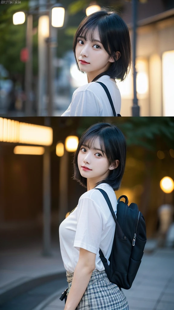 (highest quality,masterpiece:1.3,超A high resolution,),(super detailed,caustics),(Photoreal:1.4,RAW shooting,)ultra-realistic capture,very detailed,High definition 16K for human skin、 Natural skin texture、、Skin looks even-toned and healthy、 Use natural light and color,one woman,Japanese,,cute,black haired,middle hair,(Depth of the bounds written、chromatic aberration、、wide range of lighting、natural shading、)、(outdoor lights at night:1.4)、(hair swaying in the wind:1)、short hair、（Exposure:3.0）、See-through white shirt、skirt,Carry your backpack