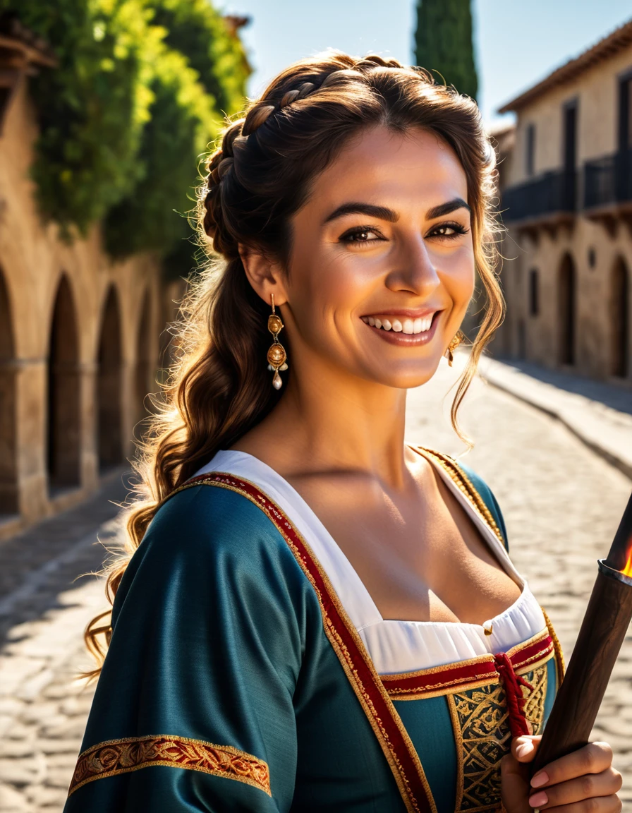 Medium plan.Torches. historically accurate Spanish woman 1400's, smiling, 8k, wide shot, cinematic composition, volumetric light, high detail, 8k, hdr, realistic, photography, joyful and wise woman, sunlight, cinematic, photorealistic, cinematic lighting, cinematic filter, sharp focus, teaching other women