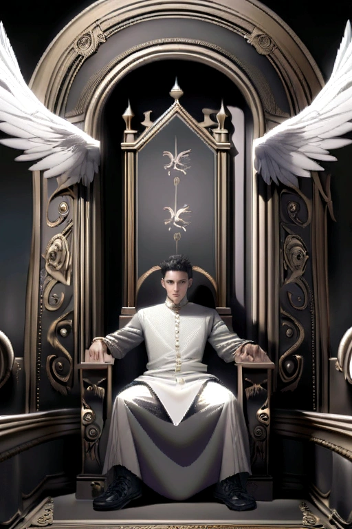 Create realistic image A 21 year old boy is sitting on a king chair with white wings and behind him the color of the wall is gray on which “PAKHRIN” is written in curve style