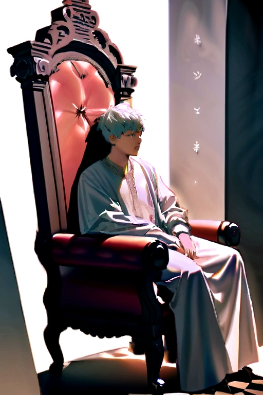 Create realistic image A 21 year old boy is sitting on a king chair with white wings and behind him the color of the wall is gray on which “PAKHRIN” is written in curve style