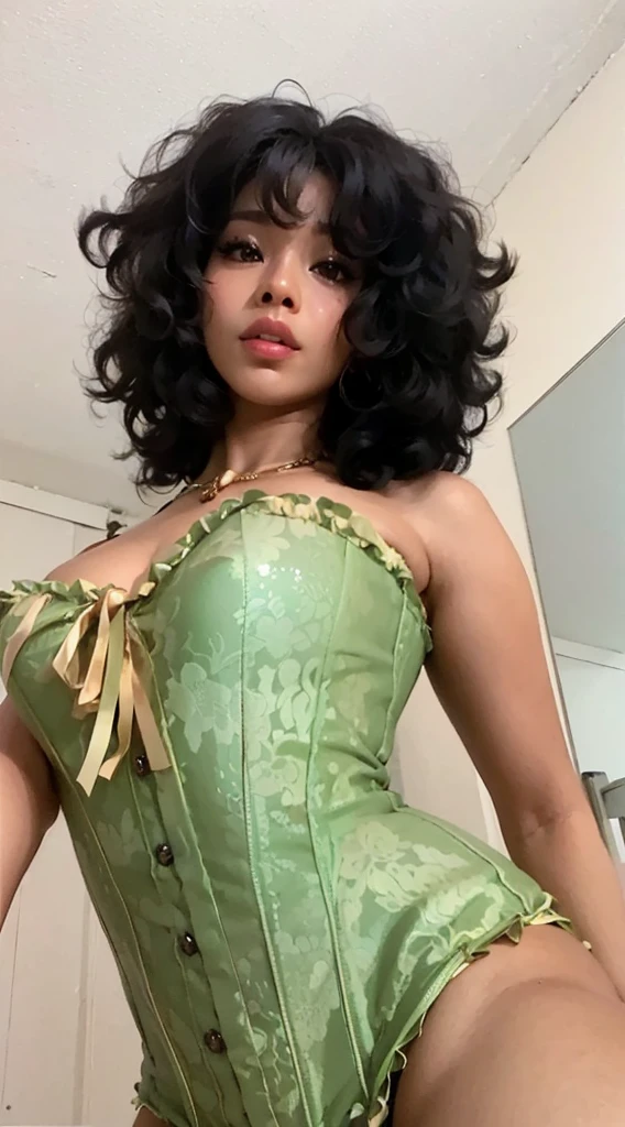 (8k, RAW photo, best quality, masterpiece: 1.2, realistic, photorealistic: 1.37, professional lighting, intricate details, high quality), age 23 years old, perfect face, fine details, ((long straight black hair)), perfect mouth, perfect and shiny eyes, thin eyelashes, green eyes, perfect hand, perfect fingers, perfect nails, professional makeup, earrings, lipstick, beautiful detailed illuminated face, ((height 1.60 cm, weight 60 kg, bust 62 cm , waist 63 cm, hips 86 cm)), with her back to a motorcycle showing her ass