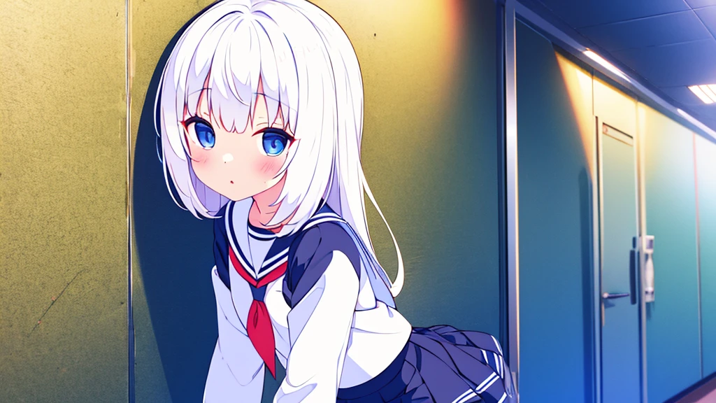 school gymnasium　primary school girl　
8 years　by plan　long white hair blue eyes white are （（1 person））　White Sailor Uniform Half Sleeve Top　Navy blue underbody mini skirt（（White panties are visible.））　black socks　sneakers　stand next to the wall　Open your legs a little　I can see white panties　dynamic angle　center of upper body　
