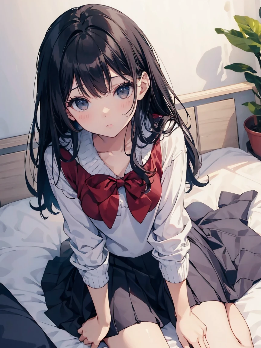 girl, (wariza:1.4), sit, skirt, On the bed
