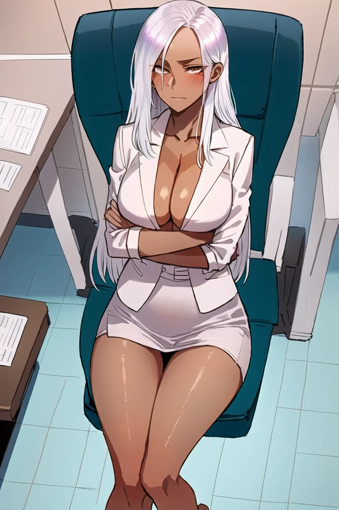 painting (by ratatatat74:1.25), 1girl, solo, (dark skin:1.31), silver hair, office suit, strict, office, arms crossed, on chair, 4K, majestic lighting
