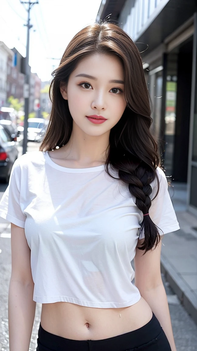 ((best quality, 8K, masterpiece: 1.3)), Key Points: 1.2, Perfect body beauty: 1.4, Hips: 1.2, ((Layered Hairstyle, Beautiful breasts: 1.2)), (Wet clothes: 1.1) , (rain, street:1.3), Colorful Cropped T-Shirt: 1.1, Short skirt, navel open,, Bangs to eyebrows、Beautiful brown hair、Beautiful and delicate eyes、Brown eyes、Raise an eyebrow、High Nose、Small nostril、Little mouth、Tempting lips、Mouth slightly open、Beautiful breasts、Full body、Oval face, Both eyes, Both eyes皮, Long eyebrows, Long eyelashes, A faint smile,  Highly detailed face and skin textures, Beautiful eyes, Both eyes皮, Skin Whitening, Long hair