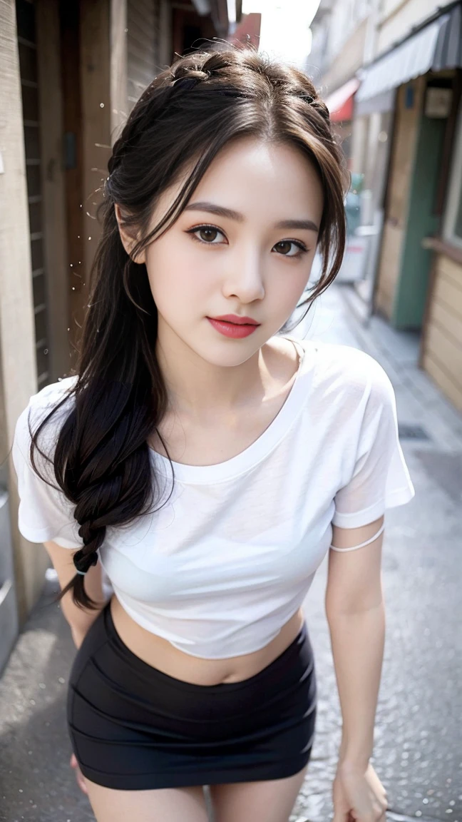 ((best quality, 8K, masterpiece: 1.3)), Key Points: 1.2, Perfect body beauty: 1.4, Hips: 1.2, ((Layered Hairstyle, Beautiful breasts: 1.2)), (Wet clothes: 1.1) , (rain, street:1.3), Colorful Cropped T-Shirt: 1.1, Short skirt, navel open,, Bangs to eyebrows、Beautiful brown hair、Beautiful and delicate eyes、Brown eyes、Raise an eyebrow、High Nose、Small nostril、Little mouth、Tempting lips、Mouth slightly open、Beautiful breasts、Full body、Oval face, Both eyes, Both eyes皮, Long eyebrows, Long eyelashes, A faint smile, Highly detailed face and skin textures, Beautiful eyes, Both eyes皮, Skin Whitening, Long hair