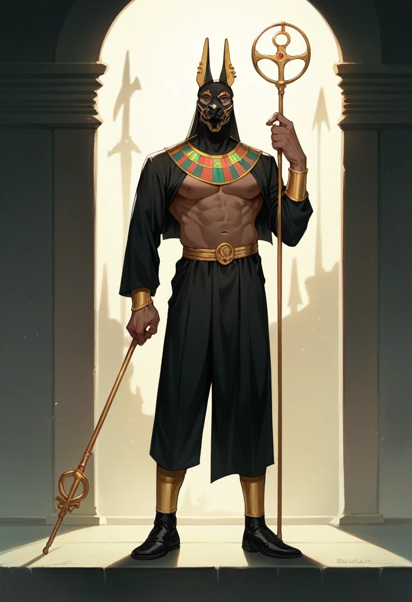 a man dressed as realistic zumbi skin Anubis halloween costume design, intimidating psychopathic man, anubis mask, dark energy, black costume, holding a staff, full body highly detailed, cinematic lighting, dramatic atmosphere party entrance, photorealistic, 8K, masterpiece