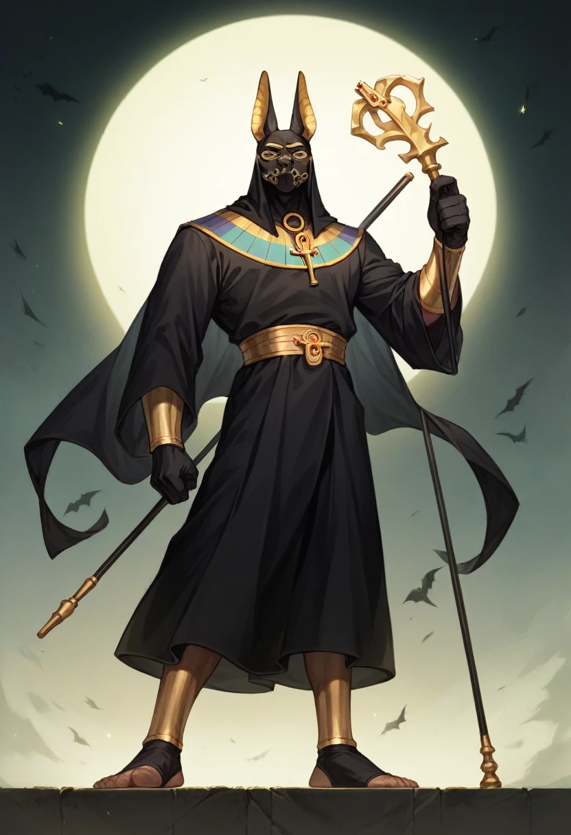 a man dressed as realistic zumbi skin Anubis halloween costume design, intimidating psychopathic man, anubis mask, dark energy, black costume, holding a staff, full body highly detailed, cinematic lighting, dramatic atmosphere party entrance, photorealistic, 8K, masterpiece