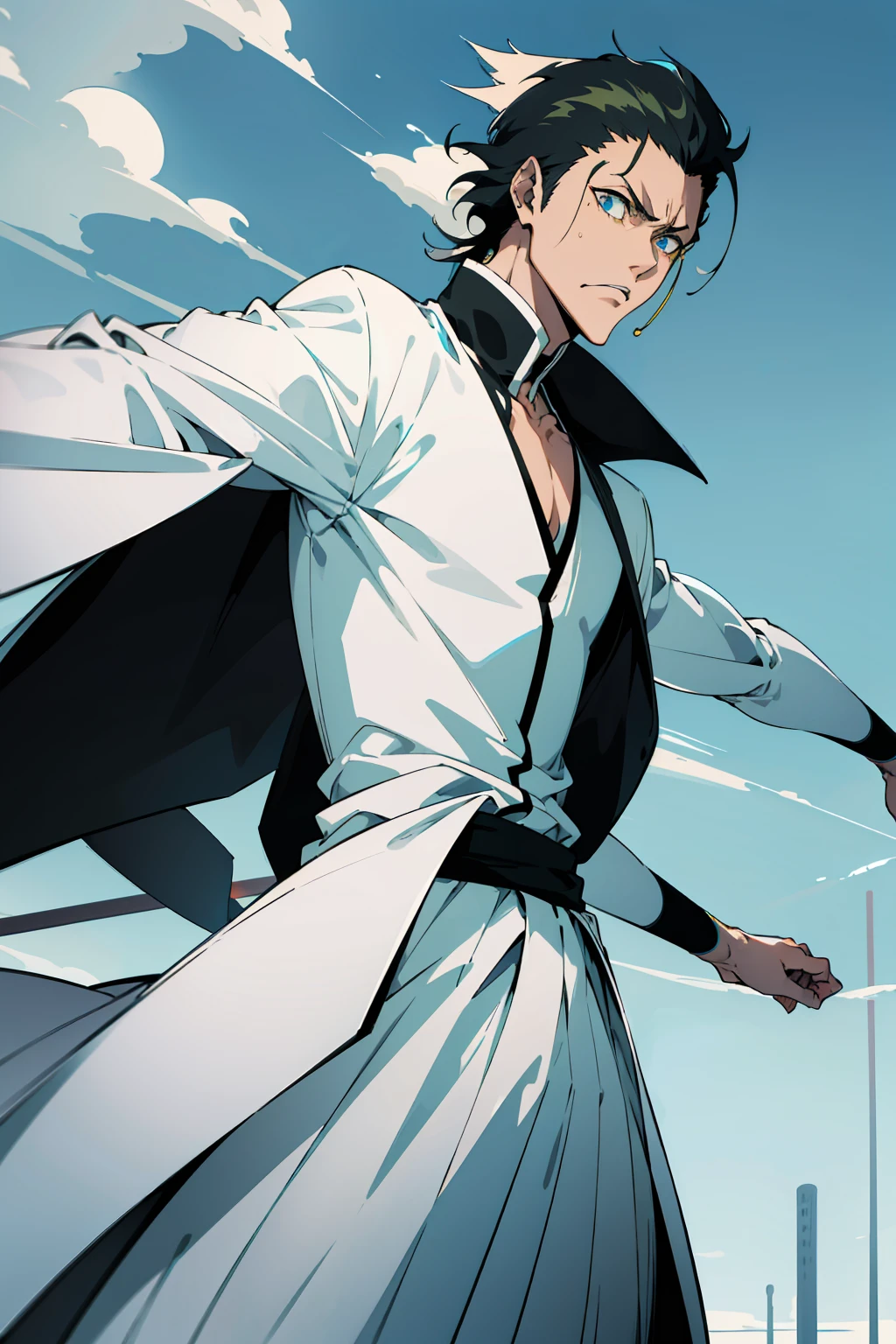 1male, Young Adult, Short Hair, Black Colored Hair, Yellow Highlights, Two Toned Hair, Sky Blue Eyes, Bleach, Hueco Mundo, Arrancar Clothing, Sunny, Muscular, White Coat, Detailed Eyes, Wavy Hair, Earring, Slicked Back Hair