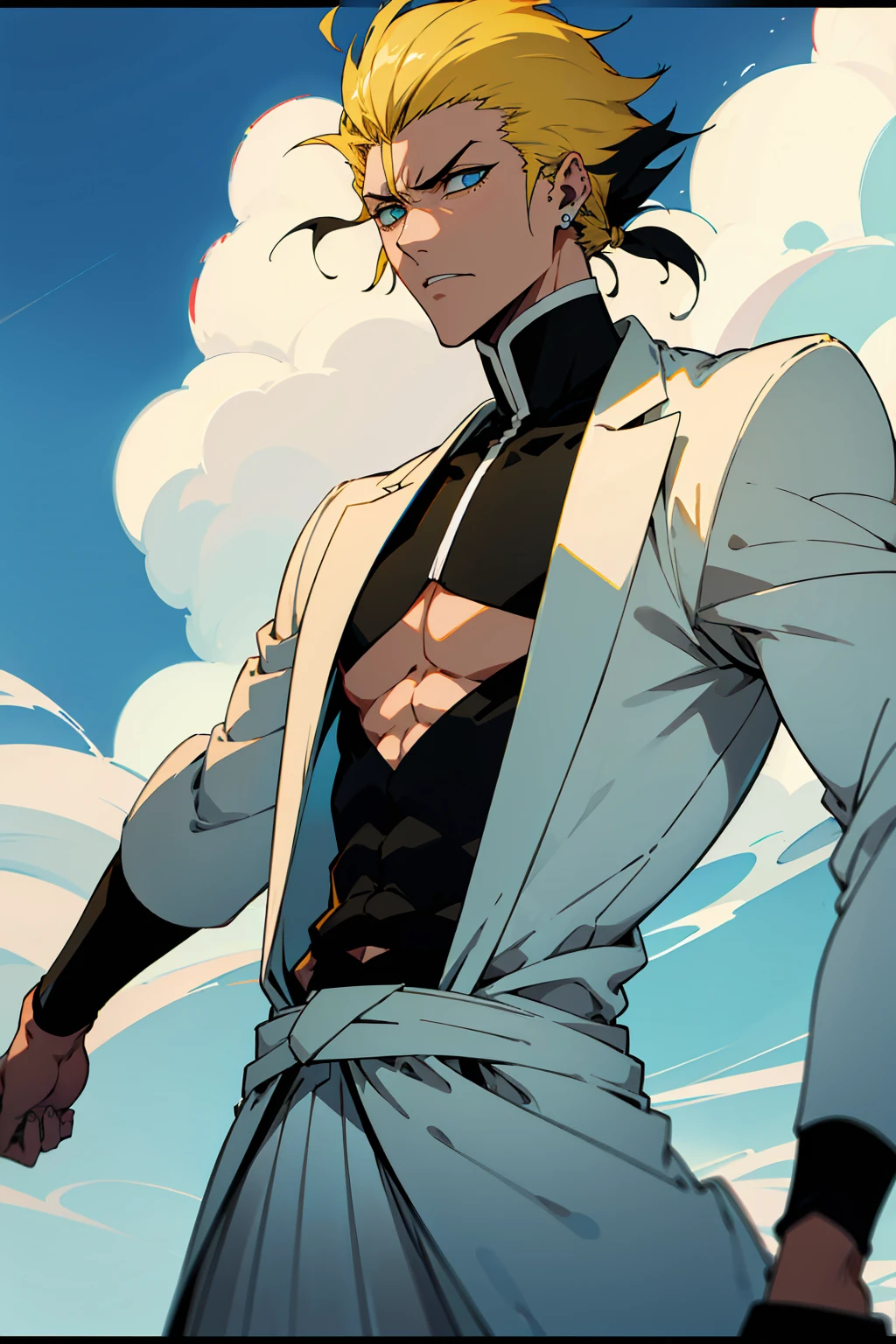 1male, Young Adult, Short Hair, Black Colored Hair, Yellow Highlights, Two Toned Hair, Sky Blue Eyes, Bleach, Hueco Mundo, Arrancar Clothing, Sunny, Muscular, White Coat, Detailed Eyes, Wavy Hair, Earring, Slicked Back Hair
