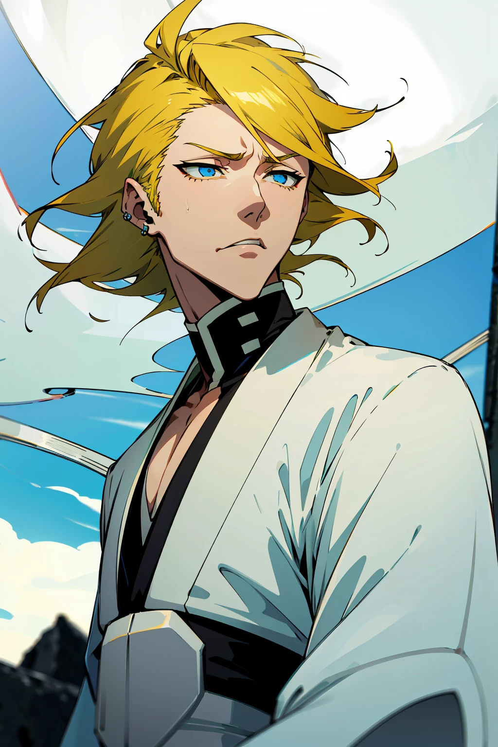 1male, Young Adult, Short Hair, Black Colored Hair, Yellow Highlights, Two Toned Hair, Sky Blue Eyes, Bleach, Hueco Mundo, Arrancar Clothing, Sunny, Muscular, White Coat, Detailed Eyes, Wavy Hair, Earring, Slicked Back Hair
