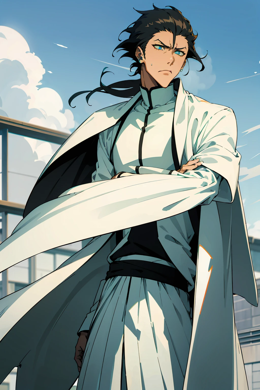 1male, Young Adult, Short Hair, Black Colored Hair, Yellow Highlights, Two Toned Hair, Sky Blue Eyes, Bleach, Hueco Mundo, Arrancar Clothing, Sunny, Muscular, White Coat, Detailed Eyes, Wavy Hair, Earring, Slicked Back Hair
