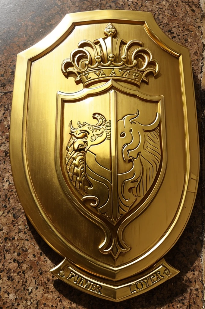 A shield with golden royal lions and writing "Pena Family"