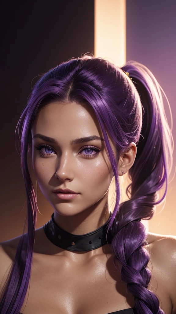 a beautiful young woman, 22 years old,long purple hair tied in a ponytail,purple eyes,caucasian tanned skin,detailed face,highly detailed portrait,masterpiece,photorealistic,cinematic lighting,digital art,concept art,vibrant colors,ethereal