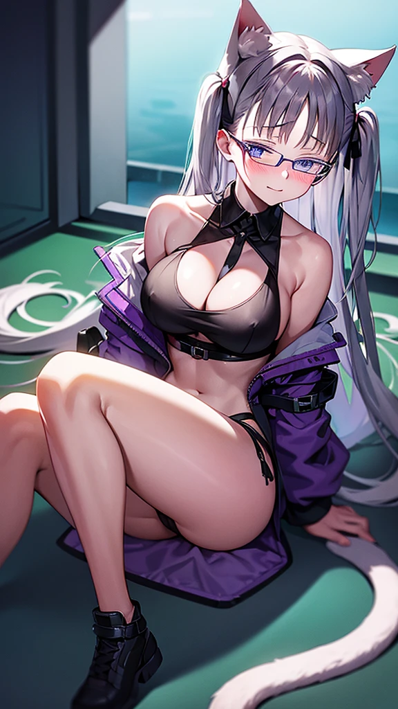 (Masterpiece), (best quality), Cat girl in her 20s, long hair, dark purple hair, chest, blue eyes, cat ears and cat tail, round glasses, black outfit.