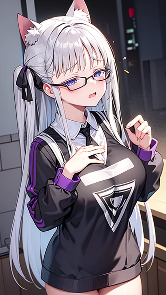 (Masterpiece), (best quality), Cat girl in her 20s, long hair, dark purple hair, chest, blue eyes, cat ears and cat tail, round glasses, black outfit.