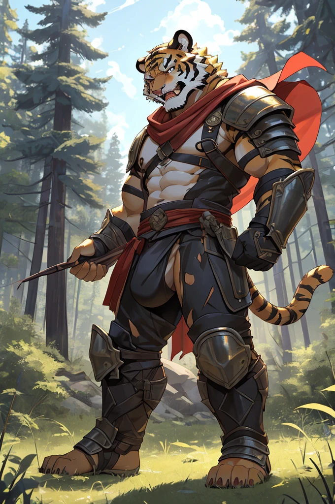 Tiger,Young Adults,Strong,handsome,warrior,Sexy body,Golden fur,Huge penis,Exposed genitals,Revealing clothing,毛茸茸的Tiger爪,Extremely revealing clothing(Scapula,Armor knee pads,Crotch bulge,The genitals are extremely prominent,Red torn shawl,Bare chest and abdomen,Bare thighs,barefoot),expression(vigilante,Gnashing of teeth),action(Standing,vigilante),Alone,angry,Challenge the camera character to a duel,environment(Clearing in open forest,There are sparse low weeds around,There are pine trees in the distance),good-looking.
