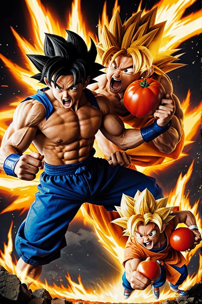 Goku fighting a muscle tomato on a McDonald's missile while Shrek flies