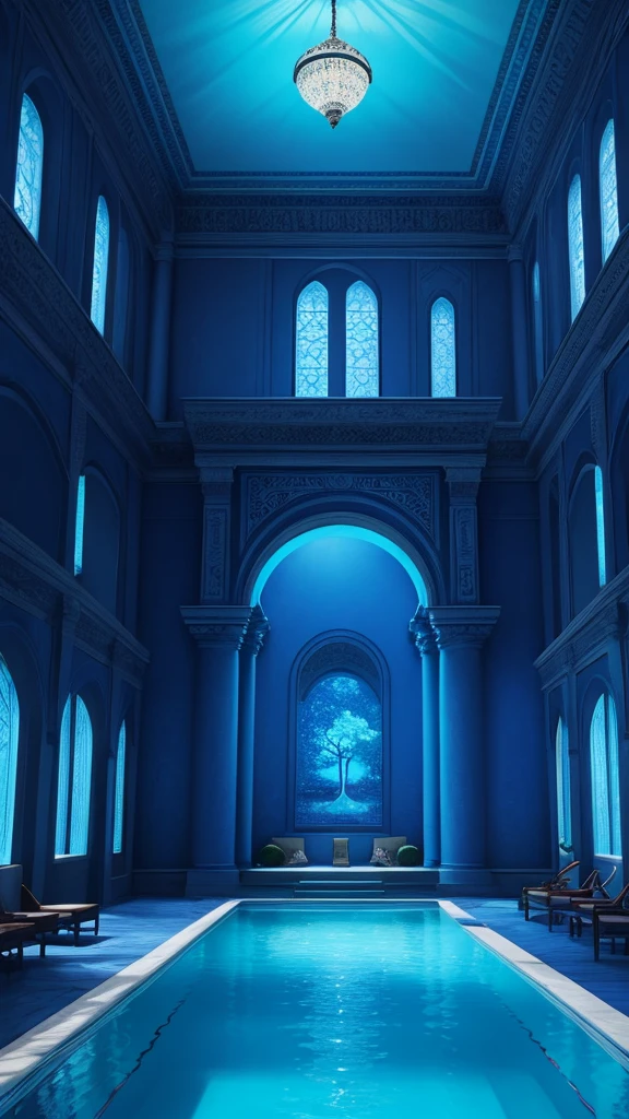 (masterpiece,Highest quality:8K) there is a pool in a blue room with a tree in the middle, a photorealistic painting inspired by Riad Beyrouti, unsplash contest winner, interactive art, a pool inside the giant palace, blue hue, magical colors and atmosphere, water temple, magical colours and atmosphere, indigo filter, beautiful and aesthetic, blue color theme, wonderful masterpiece, blue room