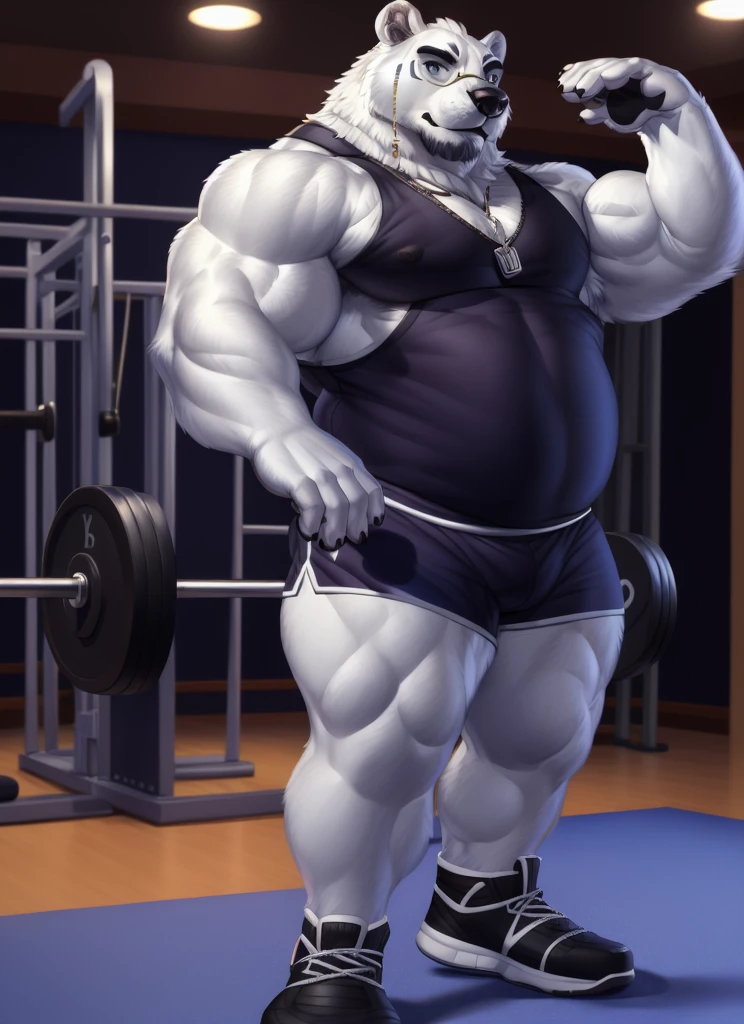 borealis(LAH), plump, huge, muscular, belly, bara, detailed hands, five fingers, (pose:1.3), (posing:1.3), (soft shading), 4k, hi res, ((detailed face, (detailed eyes:1.0), detailed)), (full body), by zackarry911, by zaush, (by personalami:0.5), solo, looking at viewer, shirt, 1boy, gym shorts, doggy tag, standing, full body, black tank top , male focus, gym shoes, lined, gym shorts, wristbands,gym, gym equipments, gym background, flexing