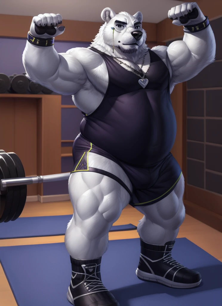 borealis(LAH), plump, huge, muscular, belly, bara, detailed hands, five fingers, (pose:1.3), (posing:1.3), (soft shading), 4k, hi res, ((detailed face, (detailed eyes:1.0), detailed)), (full body), by zackarry911, by zaush, (by personalami:0.5), solo, looking at viewer, shirt, 1boy, gym shorts, doggy tag, standing, full body, black tank top , male focus, gym shoes, lined, gym shorts, wristbands,gym, gym equipments, gym background, flexing