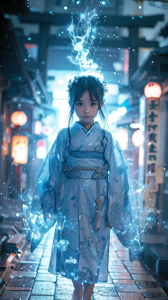 Neo Tokyo, Cyberpunk,  very cute and beautiful and girl with mysterious atmosphere, ghost,  in appearance and graceful in traditional Japanese costume and design, beautiful light blue eyes, biomechanical, Japanese traditional graceful Japanese room, long black hair, bangs, face, hands and designs and decorations are detailed and clearly drawn, ultra-realistic and realistic images of super high quality.