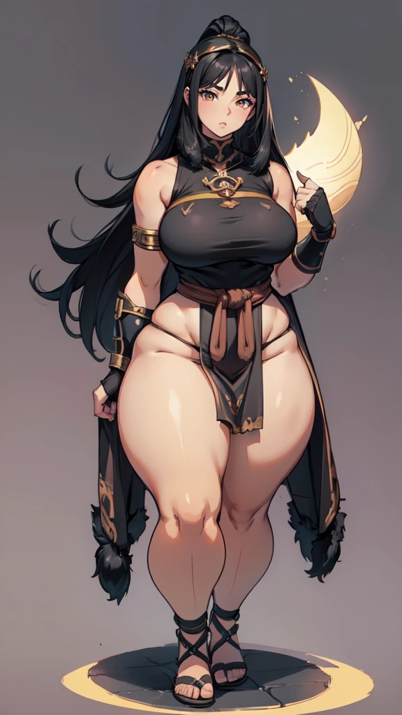 (masterpiece), best quality, female warrior, dark fantasy, huge girl, female muscular:1.2, black hair, (curvy:1.7), ((thick thighs:1.4)), (((blank background))), ((full body)), fingerless gloves, sandals, sleeveless, (straight  hair), (loincloth), (fur top) , strapless top, (spread legs), standing