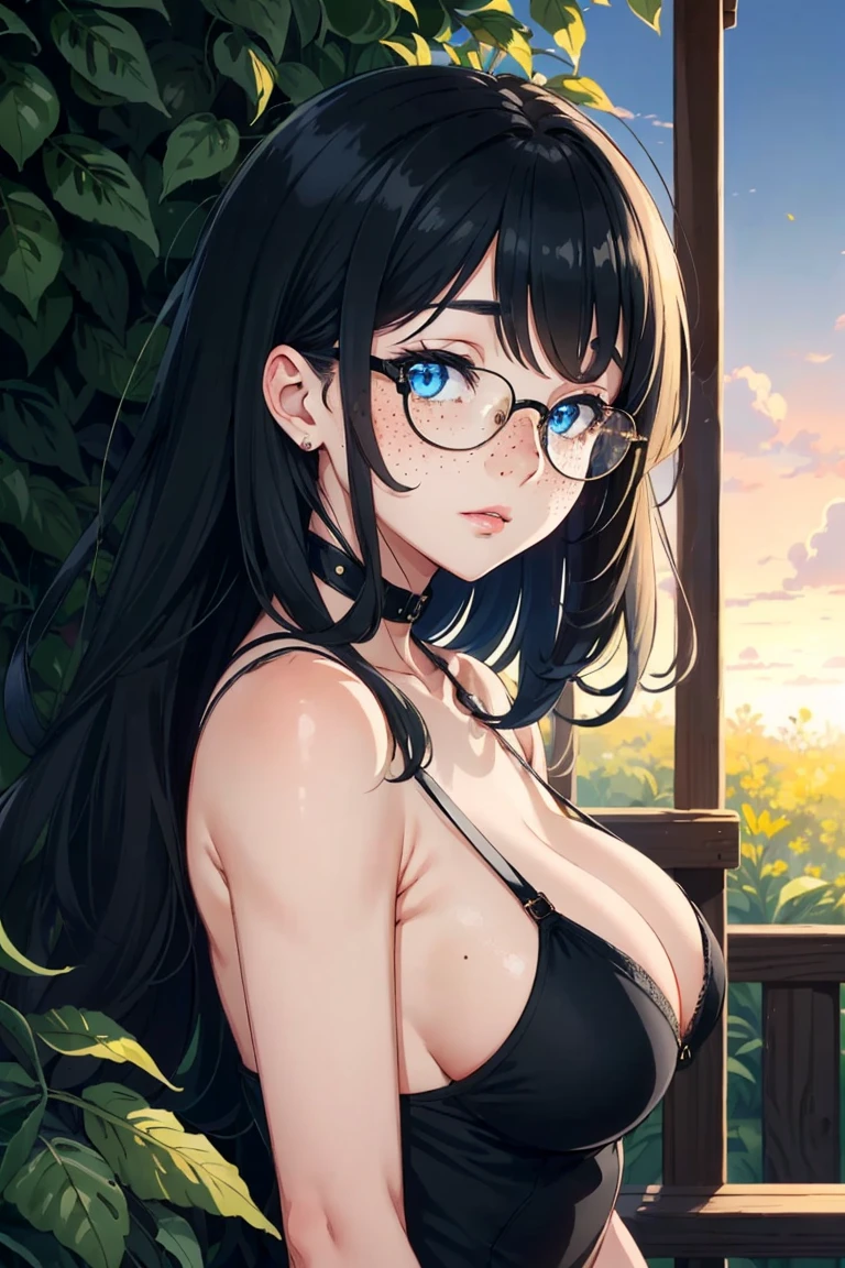 ((young adult short woman, young_face with freckles)), (glowing blue eyes), chubby, gradient (black hair), long wild hair, large round gold glasses, medium c-cup breasts, shiny skin, cutesy, outdoors, waiting, looking curious, magical