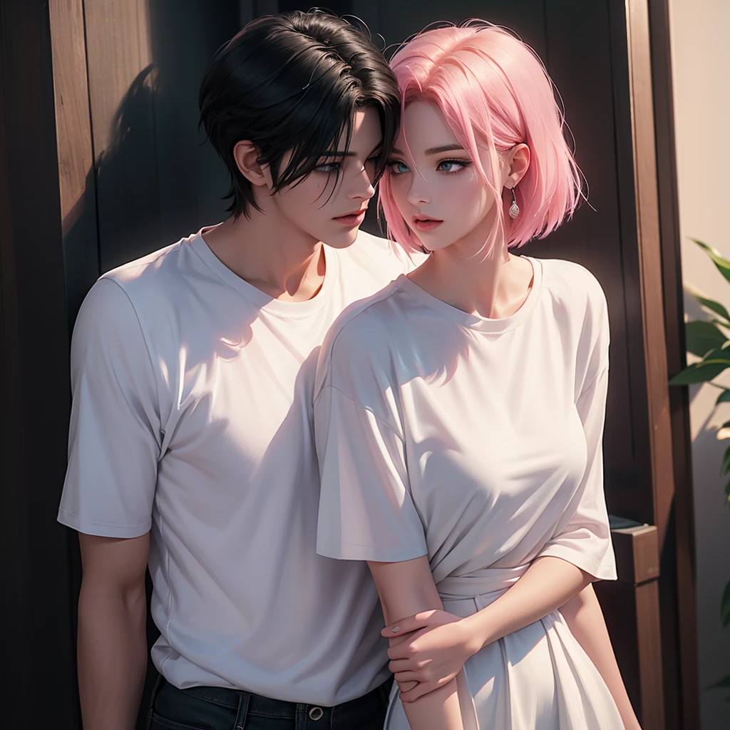 A tall handsome young man with short black hair, short bangs and black eyes, he is wearing a white T-shirt and white jeans, he hugs an incredibly beautiful femme fatale young woman, she has a pink hair with a very short haircut standing next to him, she has brilliant green eyes, She is wearing a simple black dress. Masterpiece, perfect image, realistic pictures, detailed face study, full-length image, 8k, detailed image. an extremely detailed illustration, a real masterpiece of the highest quality, with careful drawing. Sasuke Uchiha and Sakura Haruno