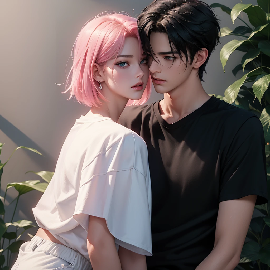 A tall handsome young man with short black hair, short bangs and black eyes, he is wearing a white T-shirt and white jeans, he hugs an incredibly beautiful femme fatale young woman, she has a pink hair with a very short haircut standing next to him, she has brilliant green eyes, She is wearing a simple black dress. Masterpiece, perfect image, realistic pictures, detailed face study, full-length image, 8k, detailed image. an extremely detailed illustration, a real masterpiece of the highest quality, with careful drawing. Sasuke Uchiha and Sakura Haruno