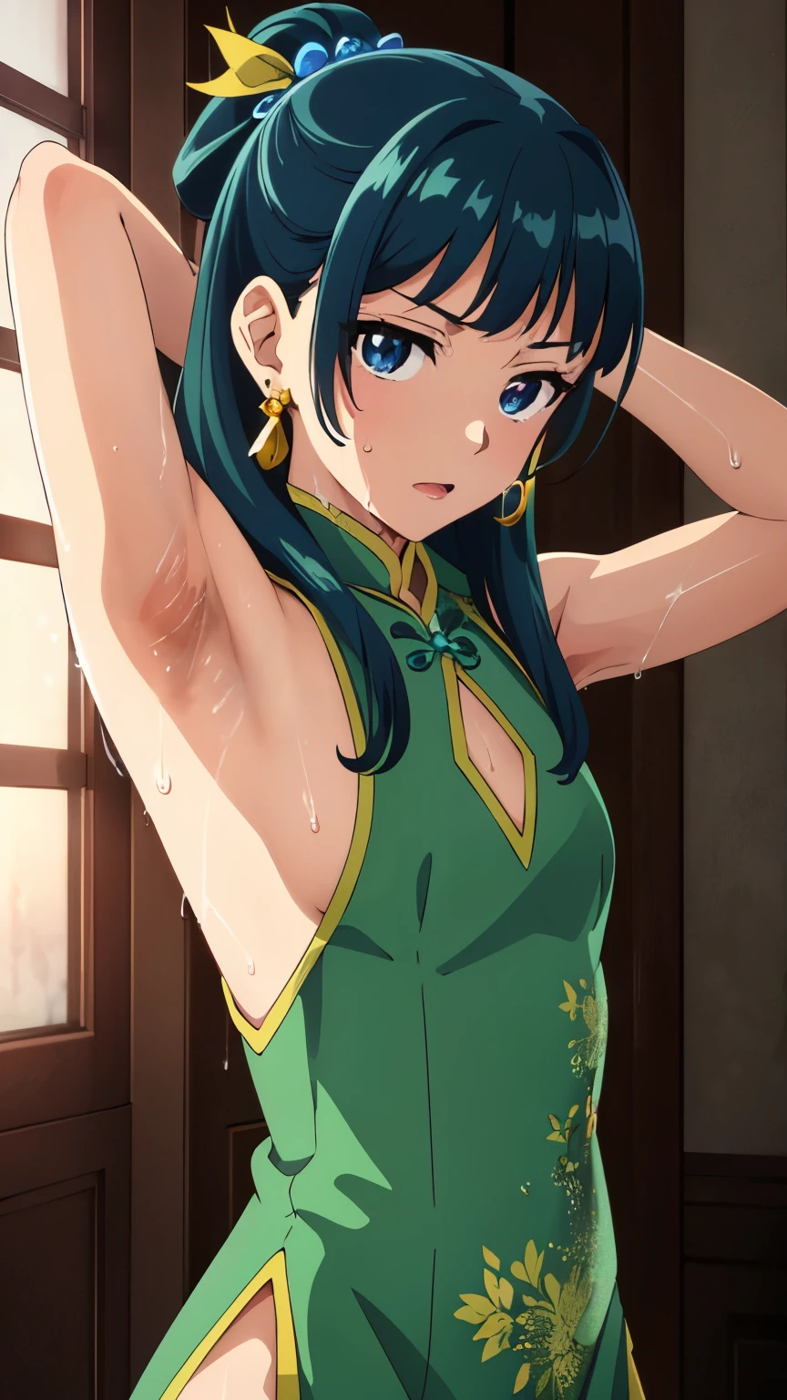 Top quality (8k, high resolution, masterpiece: 1.2), super detailed, anime art style, dynamic angle, teen style, (Chinese dress, exposed shoulders, earrings, indoor,), detailed green hair, detailed blue eyes, intricate hairstyle, long hair , slim body, sparkling eyes, youthful, hair accessories, earrings, half-updo, slightly dull bangs, detailed lighting, bright colors, looking at the viewer, in the center of the image, cowboy shot, ((hd armpits)), ((super detailed armpits)), ((full of sweat)), sweaty, ((dripping wet armpits)), close up armpits, (armpit_hair:1.3)