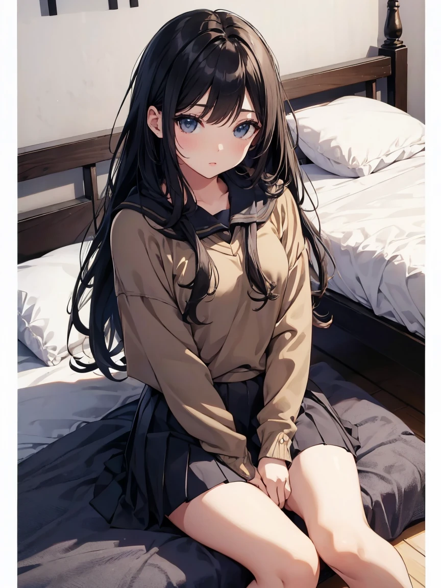 Top quality, masterpiece, High resolution, (Head to toe full body), front, frontやや下からの構図, Symmetric, Tall 18 year old girl, alone, (Head to toe), (Small breasts), Unkempt brown hair, bangs, (black tights), (Black Pantyhose), (Sit with your legs apart), (Crouching pose), (A composition showing white panties), (Her legs were spread、I see your white pants.), (I was made to sit on the floor with my legs spread..), (M-shaped legs), Thin legs, A very beautiful and tall 18 year old girl, (No shoes), blush, Shy big eyes, looking at the camera, Blazer Uniform, Checkered Pleated Skirt