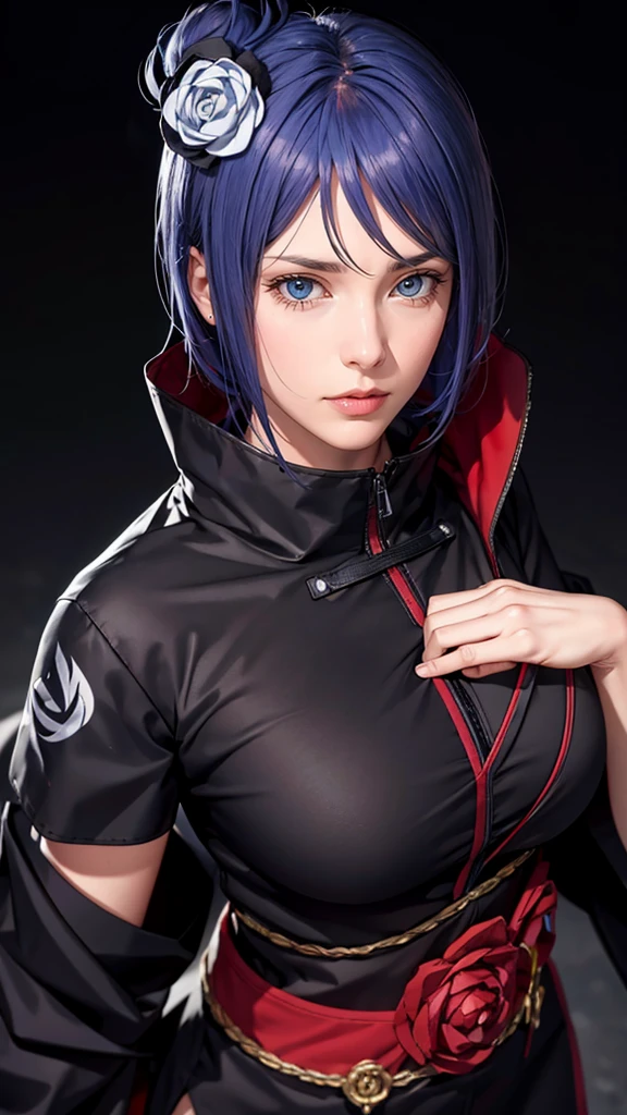 （（（akatsuki outfit，Xiao clothing, ninja, black cloak,black coat, （（（heavy，the woman \(naruto\),the woman, blue hair, Orange pupils, short hair, hair ornament, flower, hair flower, ））），（（（wide hips））），S-shaped body:1.7））），((masterpiece)),high resolution, ((Best quality at best))，masterpiece，quality，Best quality，（（（ Exquisite facial features，looking at the audience,There is light in the eyes，shy，blush，pain，endure ））），（（（Light and shadow interlace，super gigantic ，cleavage））），（（（looking into camera，from above，looking down，looking into camera，white paper airplane，white paper，Hands hidden in sleeves）））sexly