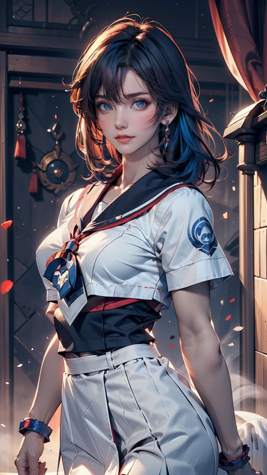 (masterpiece), (Highest quality), Realistic, Cinematic Light, Mizuno Ami, Sailor Mercury, stand, Battlefield Background, Perfect body, Blue Hair, uniform、Sexy proportions、Narrow waist、Sexy
