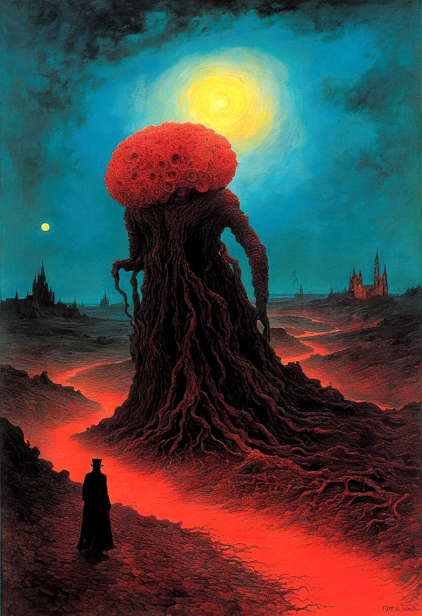 Mythical creatures, author:zislaw Beksiński and Vincent Van Gogh, Album cover, romantic, Surrealism, Futuristic ,Smiling CoCoral, Wizard, Abstracted, dark, red, landscape
