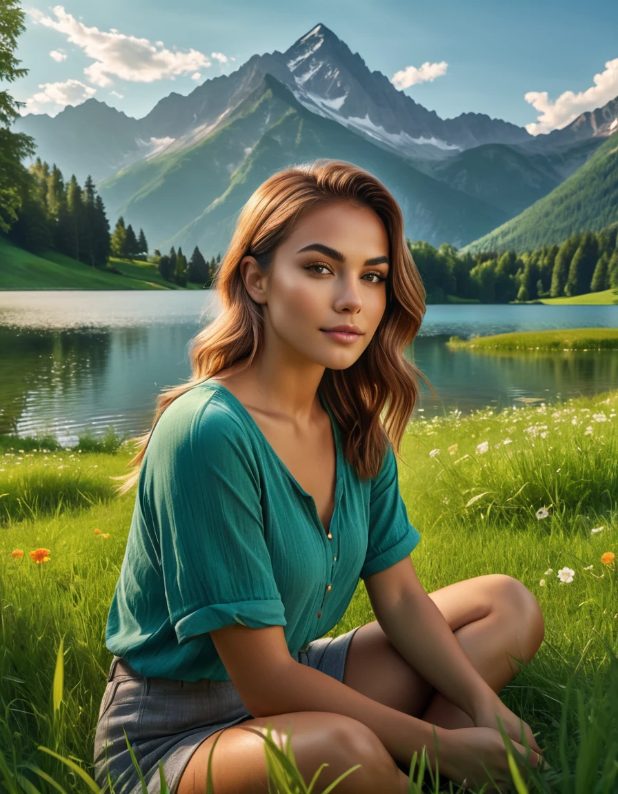 a beautiful, peaceful landscape with a lush, green meadow, a serene lake, and a majestic mountain range in the background, 1girl sitting on the grass, enjoying the tranquility of nature, detailed face and eyes, summer day, warm lighting, cinematic composition, highly detailed, 8k, photorealistic, vibrant colors, natural lighting, serene, calming