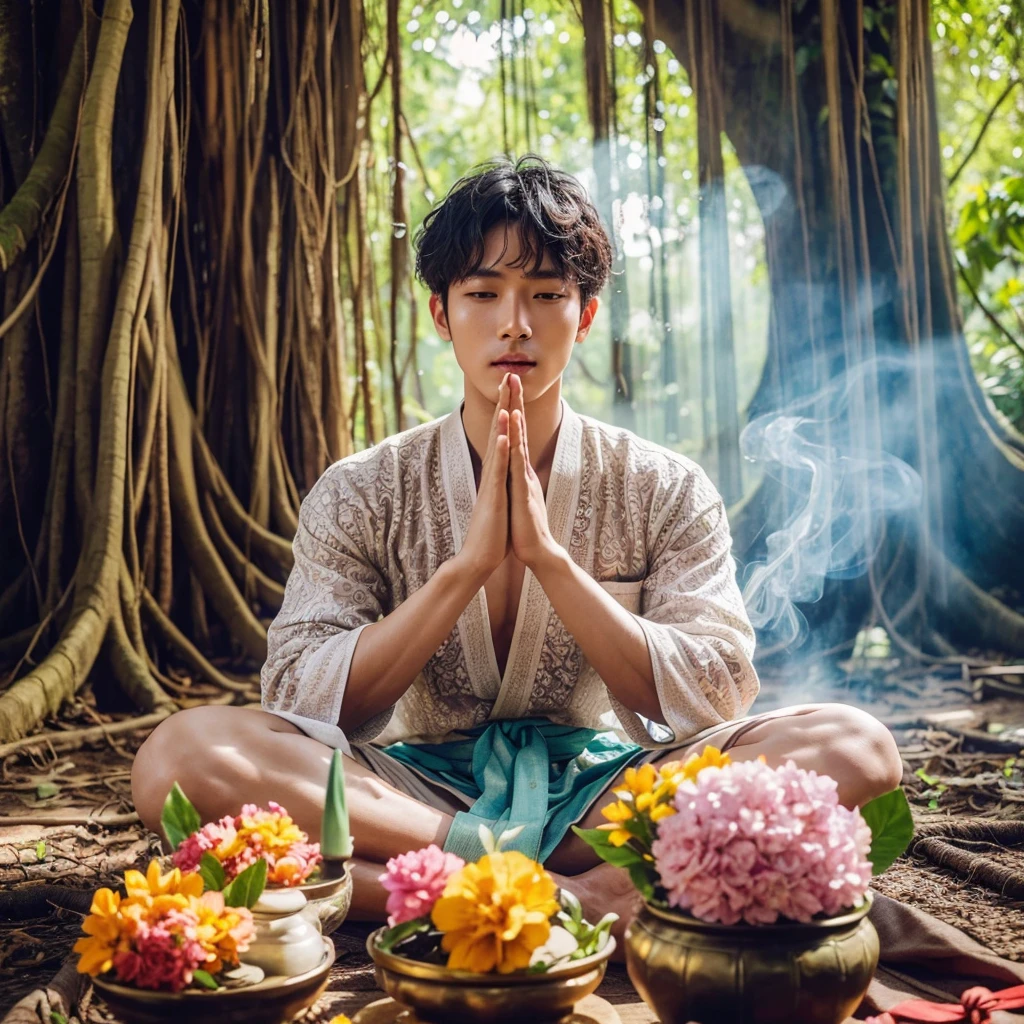 a handsome korean man with very short curly hair, wearing traditional Javanese clothing, was sitting cross-legged, with his namaste hands looking forward, under a banyan tree, closed eye, facing a group of flower offerings, with incense emitting smoke. vivid color, prism light photography, cool morning atmosphere. beautiful rural natural atmosphere.