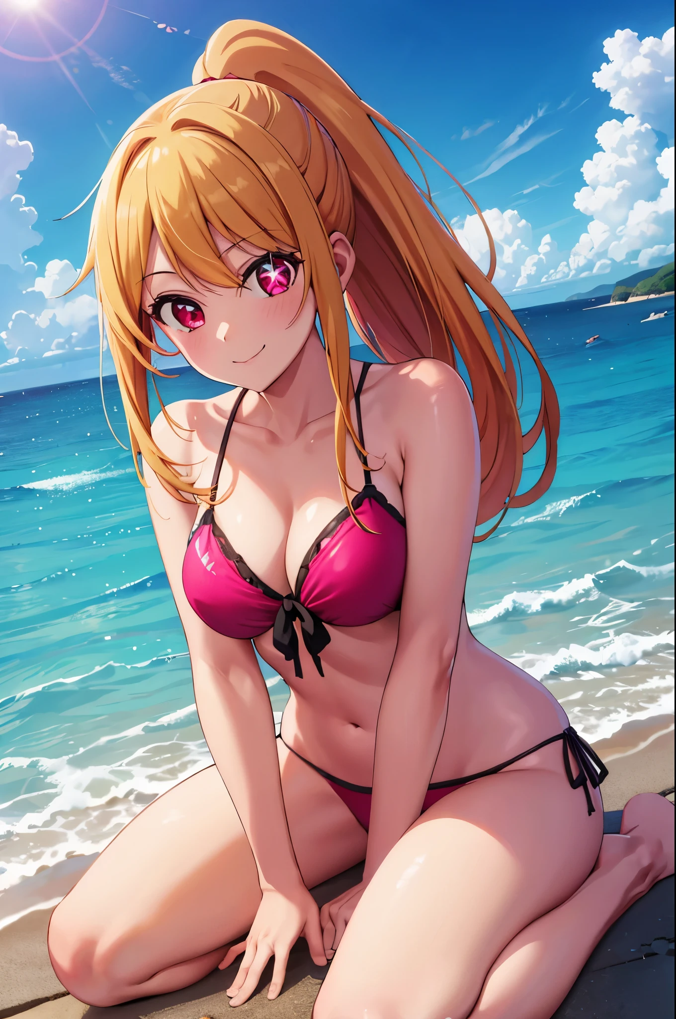 (masterpiece:1.3), (best quality:1.1), (8k, ultra detailed, ultra high res:1.2), ((anime style)), (perfect 5 fingers, perfect anatomy),
1girl,
Ruby Hoshino,
BREAK long hair, ponytail,
blonde hair,
red eyes, (star-shaped pupil),
BREAK smile, fair skin, (strings bikini, pink bikini),
BREAK looking at viewer, hand between legs, wariza,
cowboy shot, natural light, outdoor, outside, sea, beach, sky, summer,