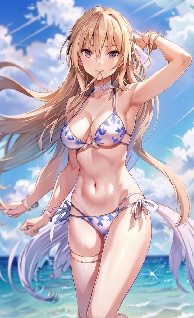 Anime Artwork Highly Detailed CG Unity 8K Wallpaper, Realistic, Swimwear, Long Hair, chest, (((White bikini with a flashy pattern))), alone, belly button, Day, Outdoor, chestの谷間, White bikini with a flashy pattern, Blonde, smile, null, blue null, very Long Hair, cloud, medium chest, side-tie bikini bottom, Blurred, clavicle, ribbon, Mouth closed, Blurred background, Thigh Gap, put your hands in your hair, thigh ribbon, Halter neck, Are standing, jewelry, handrail, bangs, Stomach, Thigh straps, Floating Hair, Bare shoulders ,(((Whole body, even legs))),