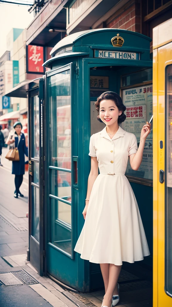 A shopping street in front of the station in the 1950s。A young woman wearing a neat white dress、Standing in an old phone booth with a lovely smile。Behind her、A shopping street lined with retro signs spreads out、The streetcar is running。The woman&#39;s hairstyle is a modest short bob.、The subtle makeup brings out the sparkle in her eyes.。Holding a red leather handbag、Clean white shoes on your feet。On the window pane of the telephone booth、There are nostalgic advertising posters on the wall。In the surrounding area、The lively sounds of the street performers、The shop is filled with a lively atmosphere, and you can almost hear the cheerful voices of the greengrocers selling fresh vegetables.。