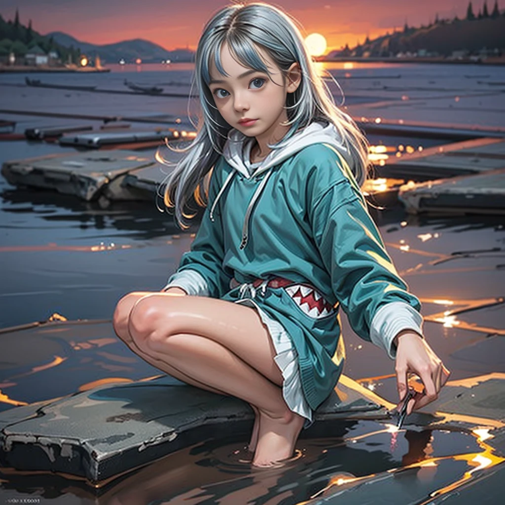 ((gawr gura, gura hoodie ,blue hoodie, shark hood))、(Light blue eyes＿Light blue mesh on gray hair:1.9＿Beautiful girl jumping into the sea)、(Correct Anatomy:1.5)、Big splash、Mischievous look、Dramatic Sunset、Detailed face and eyes、Flowing Hair、beautifully detailed costumes、calm ocean landscape、Golden Hour Lighting、Photorealistic、8K、A highly detailed masterpiece
