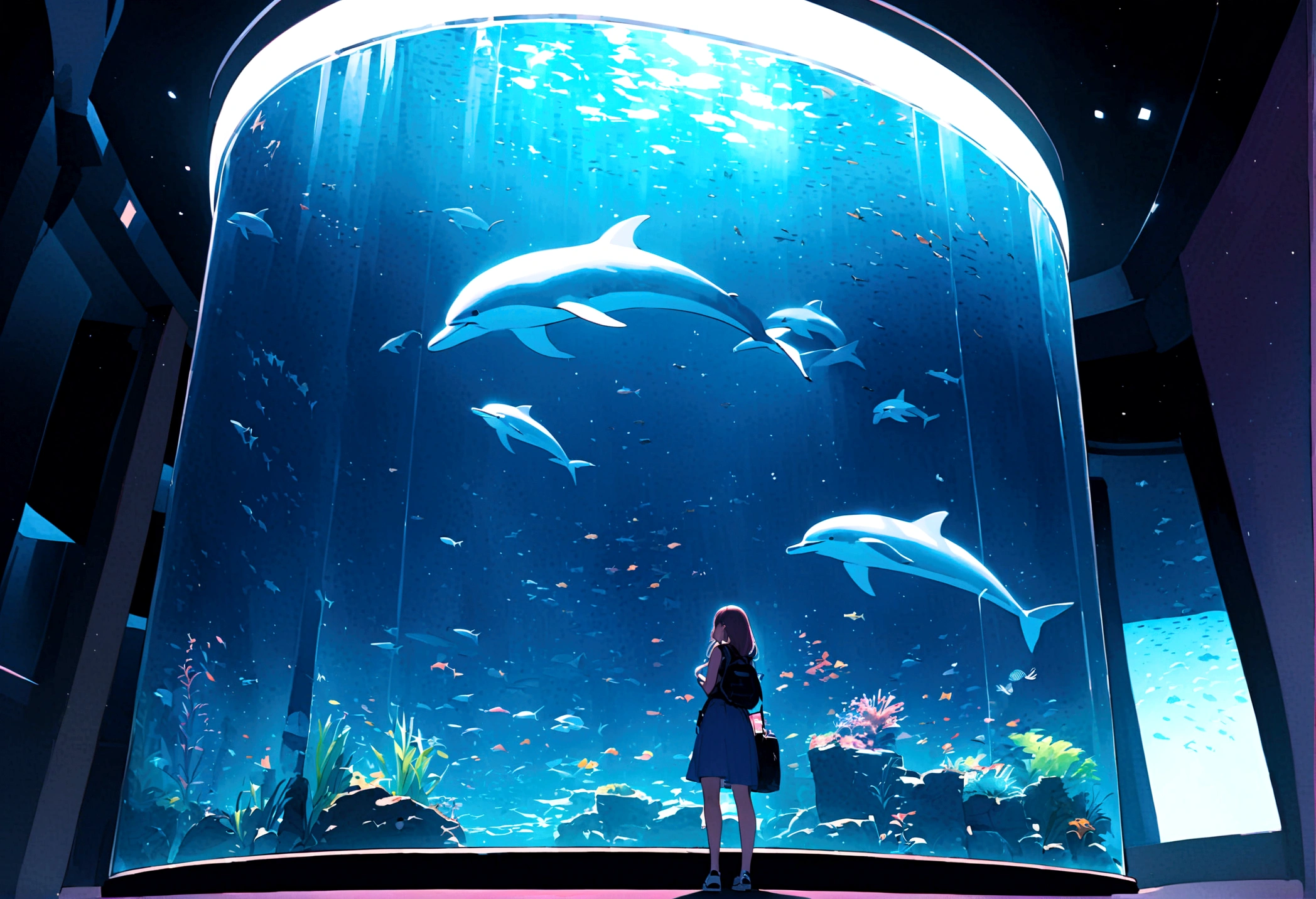 aquarium、A girl standing in front of a huge aquarium、Large single glass aquarium、Dimly lit interior、Quiet atmosphere、Girl looking up at a fish tank、There is a girl in the center、Angle of view from the rear、A tank much taller than the girl、Dolphin tank、A very wide aquarium