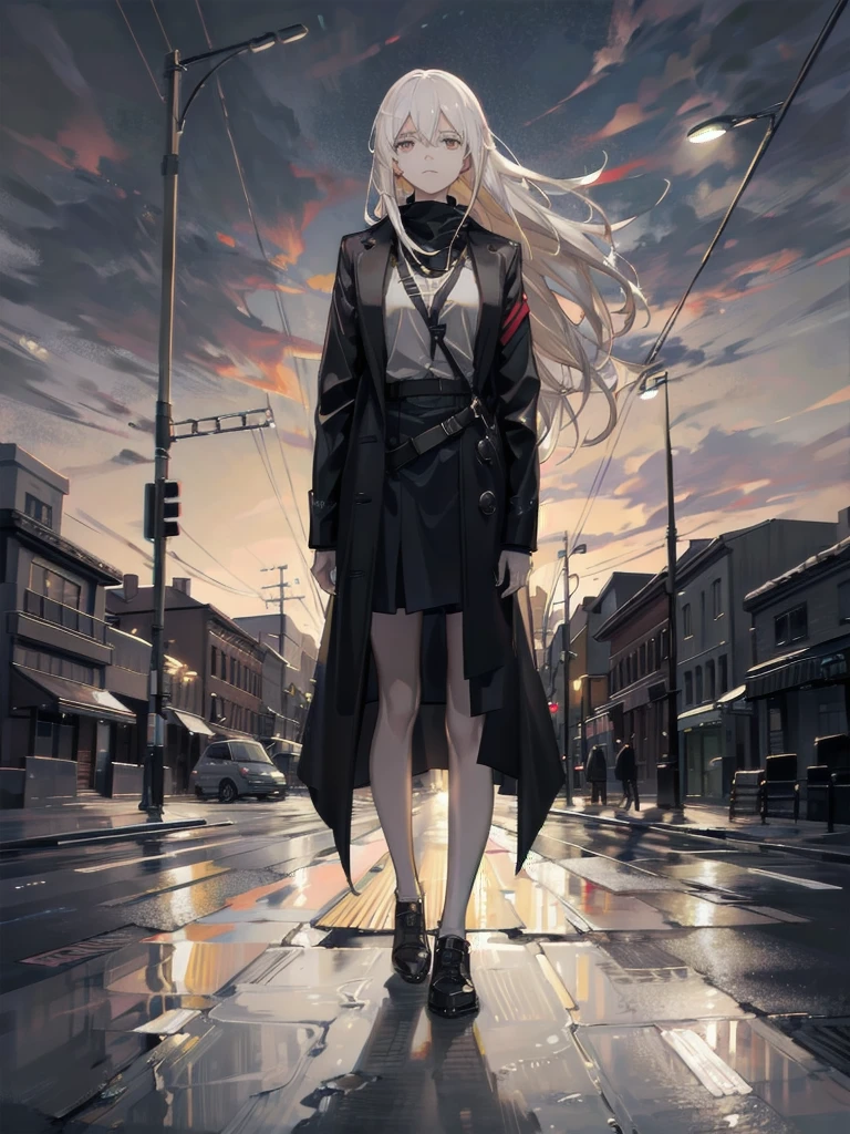 A young woman, rigid, blank eyes, standing in the middle of a street at night, harsh glow of a street lamp, neat clothes, unsettling demeanor, hyper-realistic style, stark lighting, long shadows, high contrast between light and dark, full-body shot, wide-angle lens, desolate street, high-resolution, 16k.