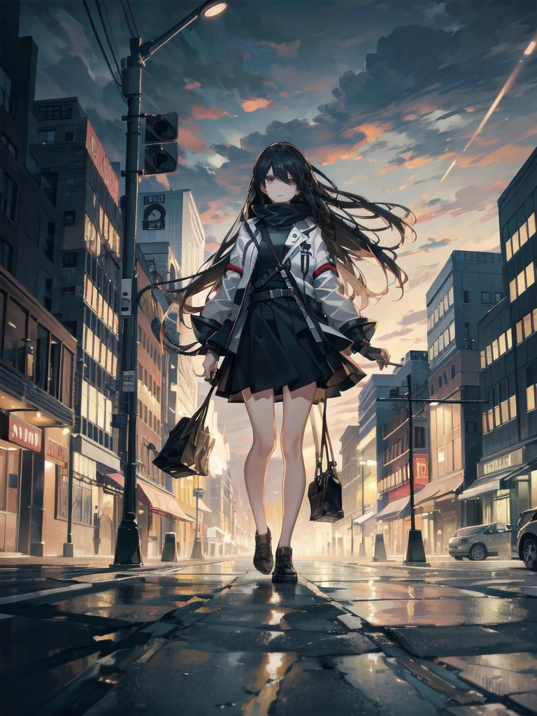 
A young woman, rigid, blank eyes, standing in the middle of a street at night, harsh glow of a street lamp, neat clothes, unsettling demeanor, hyper-realistic style, stark lighting, long shadows, high contrast between light and dark, full-body shot, wide-angle lens, desolate street, high-resolution, 16k.