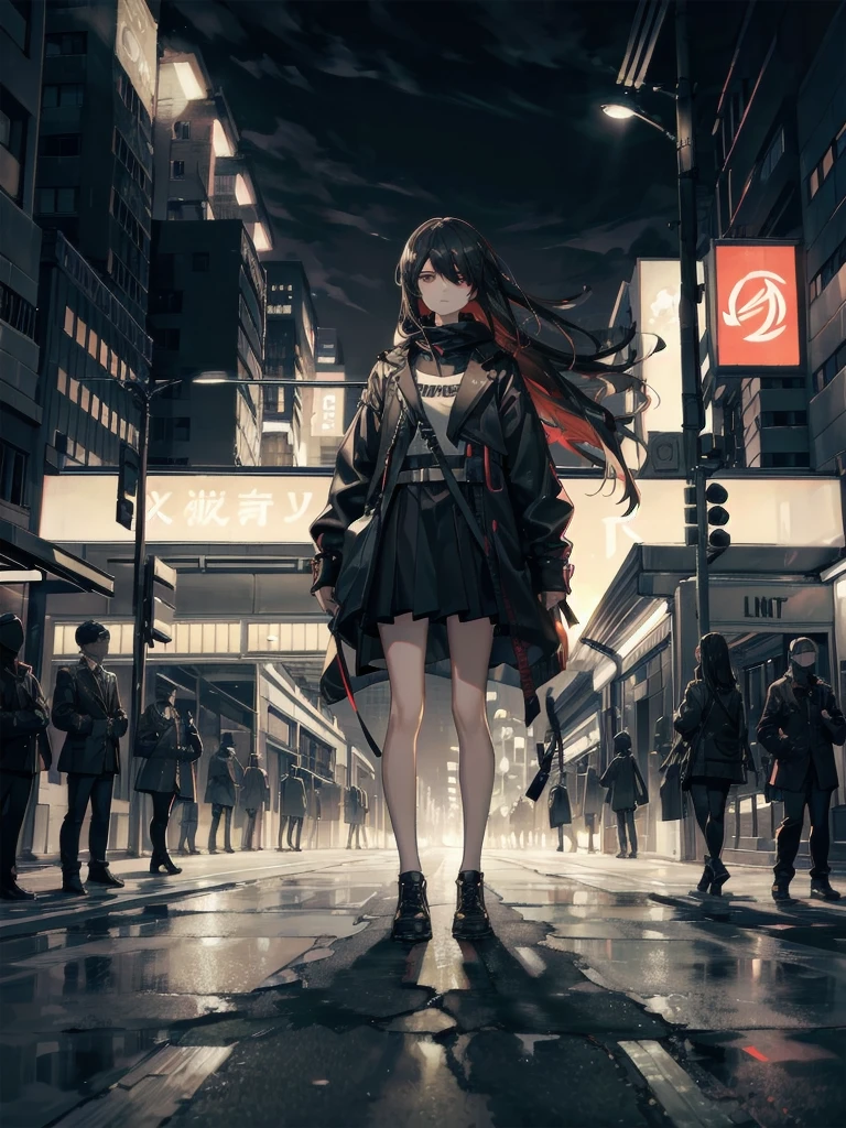 
A young woman, rigid, blank eyes, standing in the middle of a street at night, harsh glow of a street lamp, neat clothes, unsettling demeanor, hyper-realistic style, stark lighting, long shadows, high contrast between light and dark, full-body shot, wide-angle lens, desolate street, high-resolution, 16k.