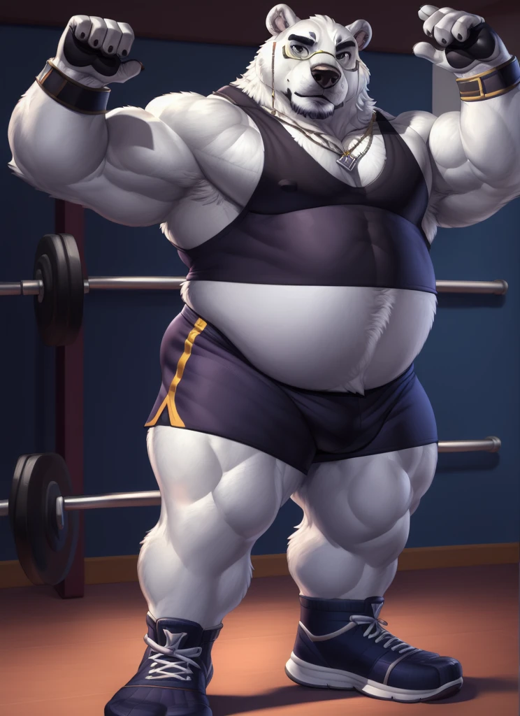 borealis(LAH), plump, huge, muscular, belly, bara, detailed hands, five fingers, (pose:1.3), (posing:1.3), (soft shading), 4k, hi res, ((detailed face, (detailed eyes:1.0), detailed)), (full body), by zackarry911, by zaush, (by personalami:0.5), solo, looking at viewer, shirt, 1boy, gym shorts, doggy tag, standing, full body, black tank top , male focus, gym shoes, gym shorts, wristbands, gloves, gym equipments, gym background, flexing