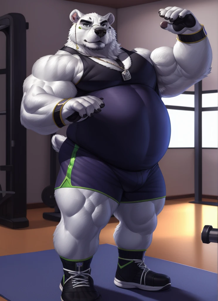 borealis(LAH), plump, huge, muscular, belly, bara, detailed hands, five fingers, (pose:1.3), (posing:1.3), (soft shading), 4k, hi res, ((detailed face, (detailed eyes:1.0), detailed)), (full body), by zackarry911, by zaush, (by personalami:0.5), solo, looking at viewer, shirt, 1boy, gym shorts, doggy tag, standing, full body, black tank top , male focus, gym shoes, gym shorts, wristbands, gloves, gym equipments, gym background, flexing